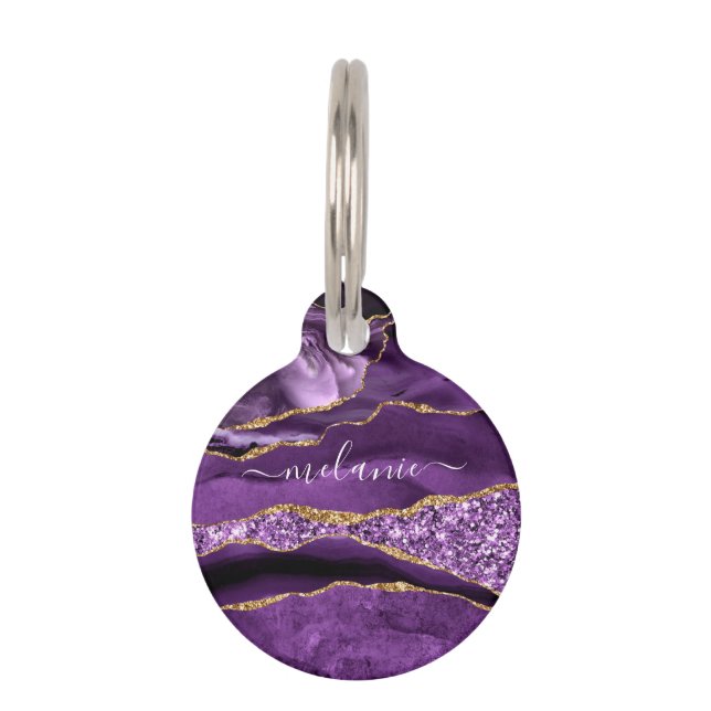 Paarse gouden glitter marmer aangepaste naam pet i huisdierpenning (Voorkant)