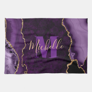 Paarse & Gouden Glitter Marmer Agaten Monogram Theedoek