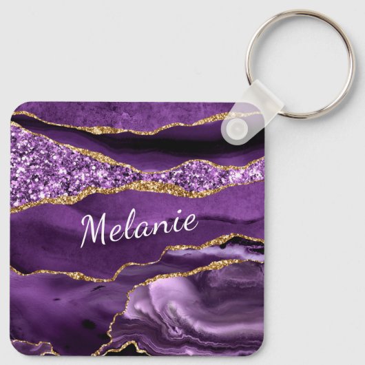Paarse gouden glitter marmeren aangepaste naam Sle Sleutelhanger (Achterkant)