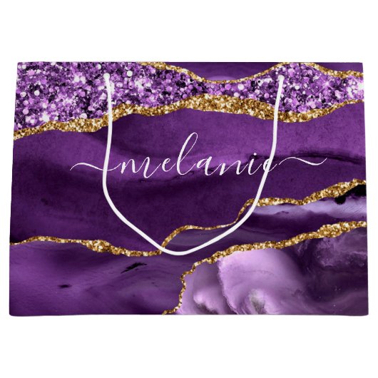 Paarse gouden glitter marmeren Jouw naam geschenkt Groot Cadeauzakje (Voorkant)