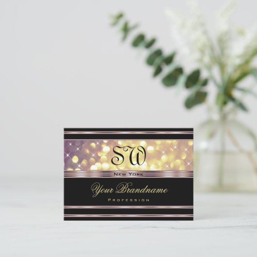 Paarse Gouden Glitter Monogram Zwart Lila Rand Visitekaartje (Staand voorkant)