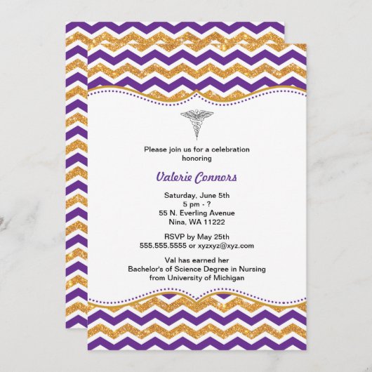 Paarse & Gouden Glitter Nurse Afstuderen RN BSN Kaart (Voorkant / Achterkant)