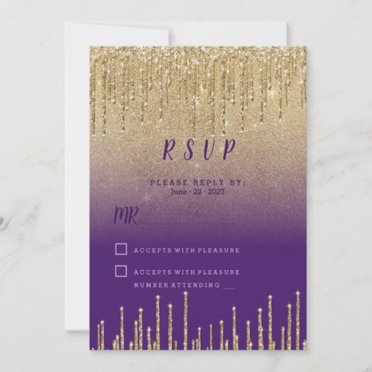 Paarse gouden glitter ombre drips script RSVP Kaart (Voorkant)