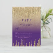 Paarse gouden glitter ombre drips script RSVP Kaart (Staand voorkant)