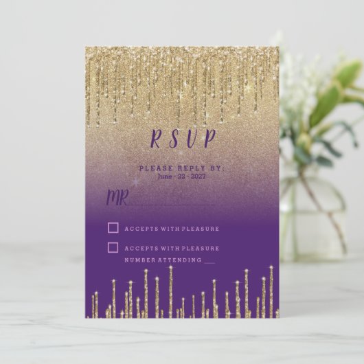 Paarse gouden glitter ombre drips script RSVP Kaart (Staand voorkant)