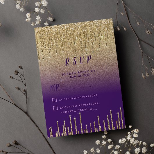 Paarse gouden glitter ombre drips script RSVP Kaart