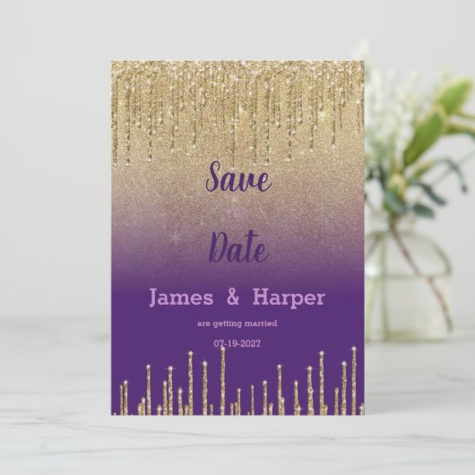 Paarse gouden glitter ombre druppelzeep Save the D Kaart (Staand voorkant)