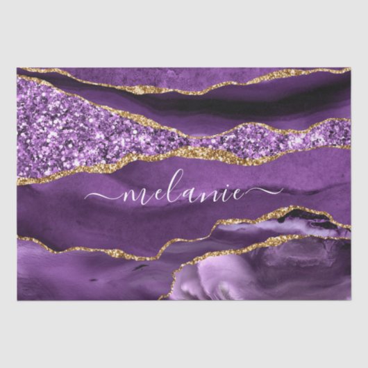 Paarse Gouden Glitter Op Maat Gemaakte Naam Tissue Tissuepapier (Voorkant)