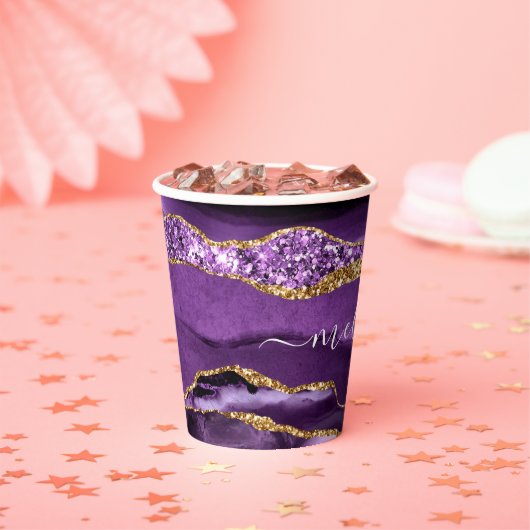 Paarse Gouden Glitter Papier Cups Aangepaste Naam  Papieren Bekers (Insitu)