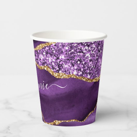 Paarse Gouden Glitter Papier Cups Aangepaste Naam  Papieren Bekers (Achterkant)