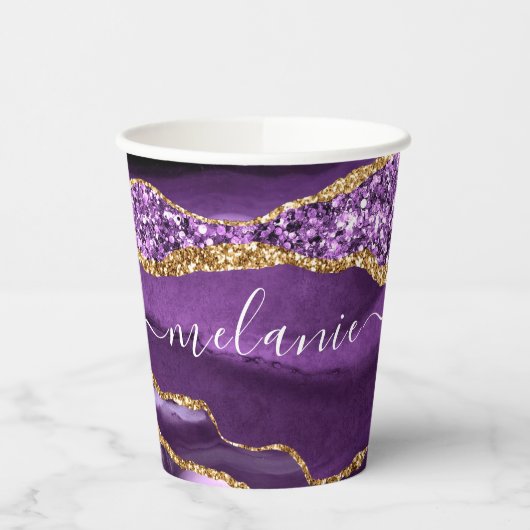 Paarse Gouden Glitter Papier Cups Aangepaste Naam  Papieren Bekers (Links)