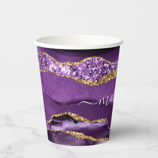 Paarse Gouden Glitter Papier Cups Aangepaste Naam  Papieren Bekers (Voorkant)