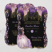 Paarse Gouden Glitter Quinceanera Jurk Bloemrozen Kaart (Voorkant / Achterkant)