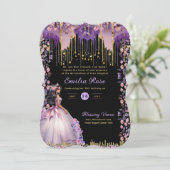 Paarse Gouden Glitter Quinceanera Jurk Bloemrozen Kaart (Staand voorkant)