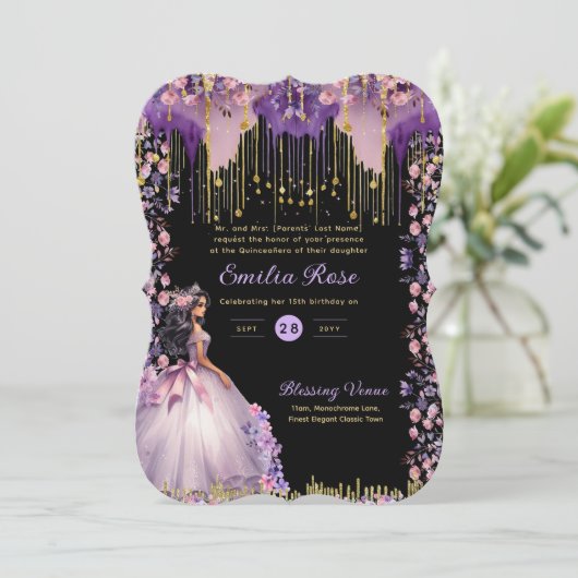 Paarse Gouden Glitter Quinceanera Jurk Bloemrozen Kaart (Staand voorkant)