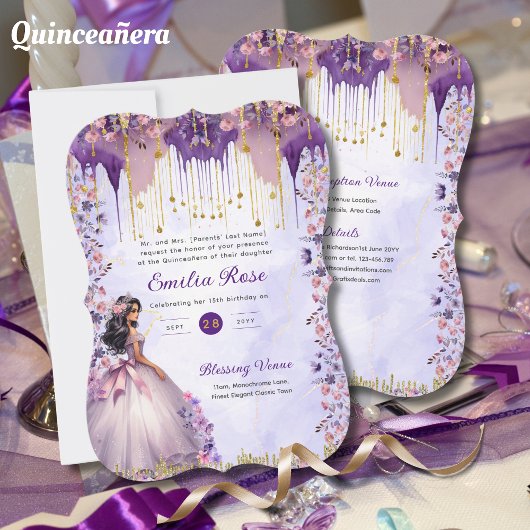 Paarse Gouden Glitter Quinceanera Jurk Bloemrozen Kaart