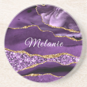 Paarse Gouden Glitter Ronde Onderzetter met Aangep