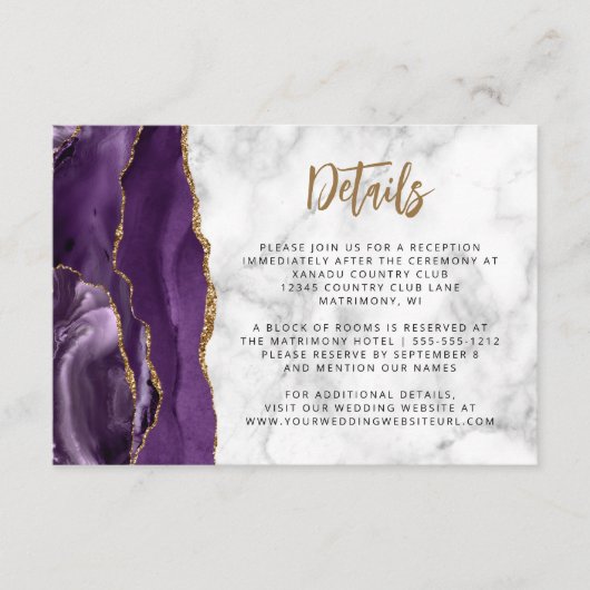 Paarse gouden glitter script bruiloft details informatiekaartje (Voorkant)