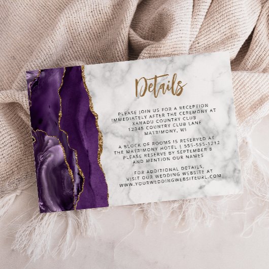 Paarse Gouden Glitter Script Trouwdetails Informatiekaartje