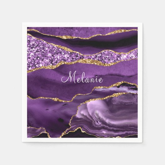 Paarse gouden glitter servetten met aangepaste naa (Voorkant)