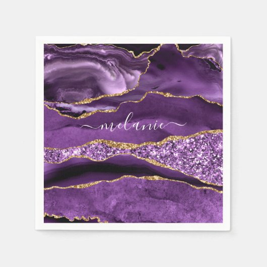 Paarse Gouden Glitter Servetten met Aangepaste Naa (Voorkant)