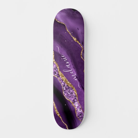 Paarse Gouden Glitter Skateboard met Aangepaste Na (Voorkant)