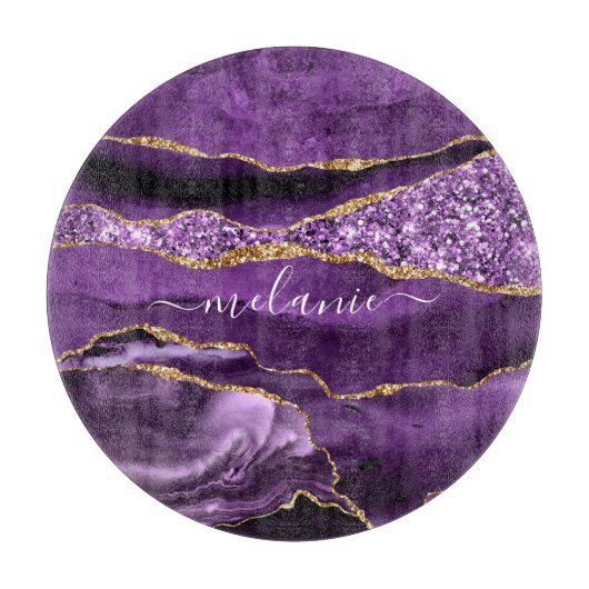 Paarse Gouden Glitter Snijplank met Aangepaste Naa (Voorkant)
