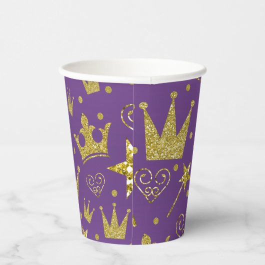 Paarse & Gouden Glitter Sparkle Princess Verjaarda Papieren Bekers (Rechts)