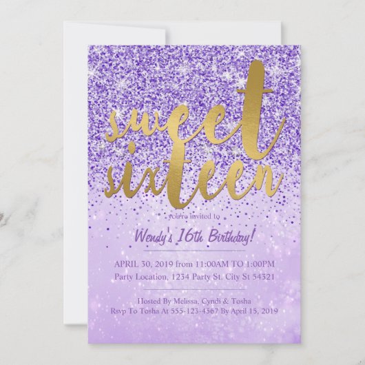 Paarse & Gouden Glitter Sweet 16 Party Uitnodiging (Voorkant)