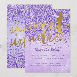Paarse & Gouden Glitter Sweet 16 Party Uitnodiging