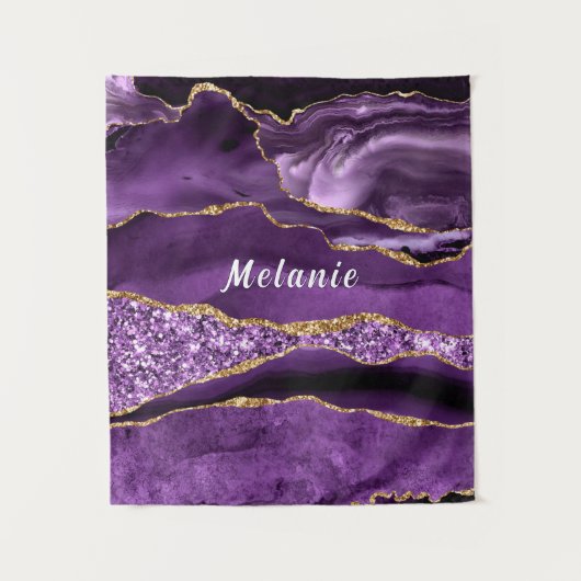 Paarse Gouden Glitter Tapestry met Aangepaste Naam Wandkleed (Voorkant)