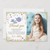 Paarse Gouden Glitter Tea Party Meisjes Verjaardag Bedankkaart (Voorkant)