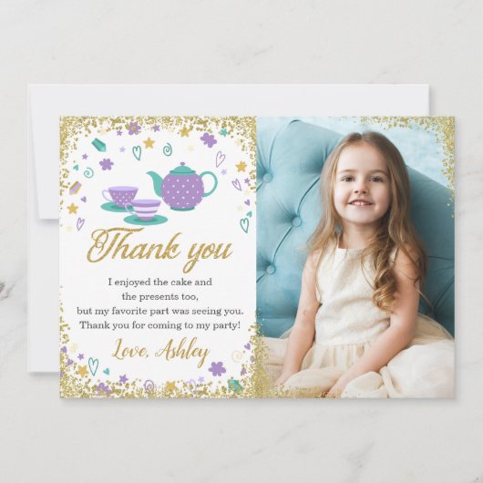 Paarse Gouden Glitter Tea Party Meisjes Verjaardag Bedankkaart (Voorkant)