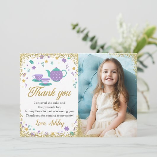 Paarse Gouden Glitter Tea Party Meisjes Verjaardag Bedankkaart (Staand voorkant)