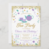 Paarse gouden glitter thee party meisjes verjaarda kaart (Voorkant)