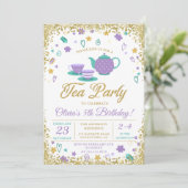 Paarse gouden glitter thee party meisjes verjaarda kaart (Staand voorkant)