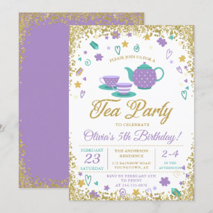 Paarse gouden glitter thee party meisjes verjaarda kaart