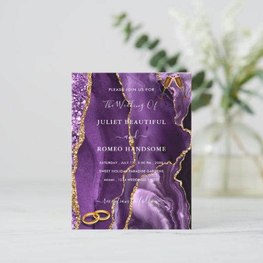 Paarse gouden glitter uw bruiloft uitnodiging Kaar (Staand voorkant)