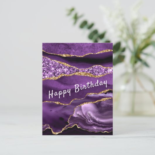 Paarse Gouden Glitter Verjaardag Kaart - Jouw teks (Staand voorkant)