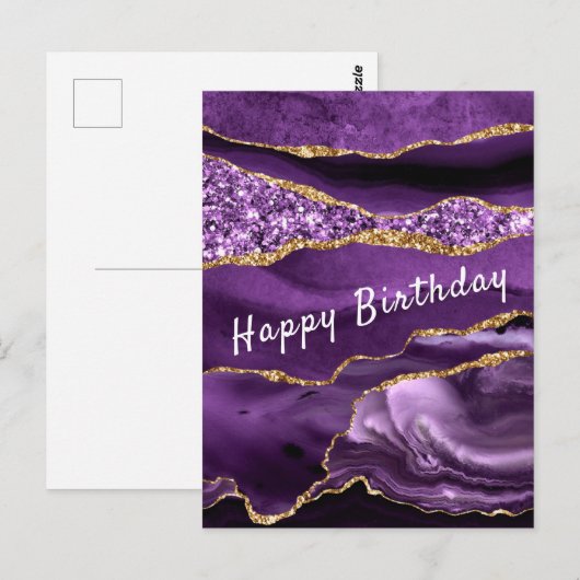 Paarse Gouden Glitter Verjaardag Kaart - Jouw teks (Voorkant / Achterkant)