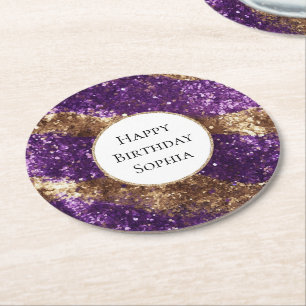 Paarse gouden glitter verjaardag ronde kartonnen onderzetter