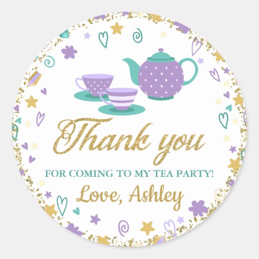 Paarse gouden glitter verjaardagsthee party dank u ronde sticker (Voorkant)