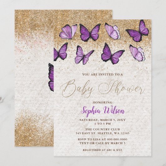 Paarse gouden glitter vlinder Baby shower Kaart (Voorkant / Achterkant)