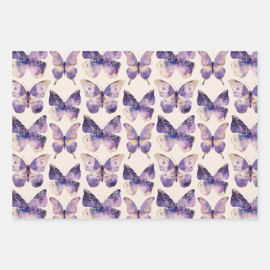 Paarse Gouden Glitter Vlinders Bogen Verjaardag Inpakpapier Vel (Voorkant 2)