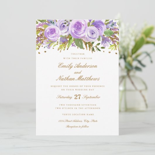 Paarse Gouden Glitter Waterverf Floral Roos Weddin Kaart (Staand voorkant)