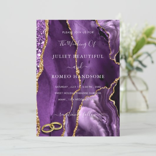 Paarse Gouden Glitter Wedding Invitation Sjabloon (Staand voorkant)