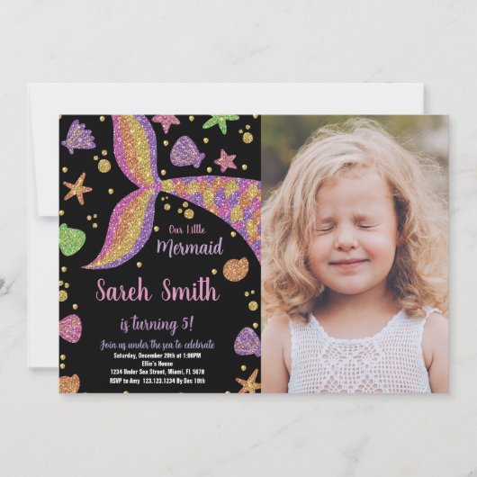 Paarse Gouden Glitter Zeemeermin Staart Verjaardag Kaart (Voorkant)
