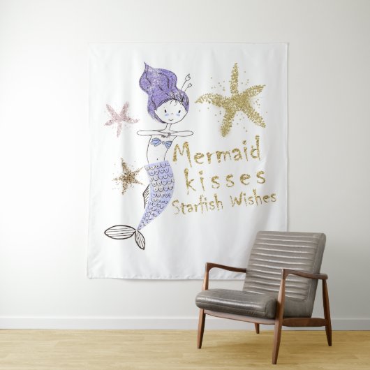 Paarse Gouden Glitter Zeemeermin Wensen Zeester Ku Wandkleed (In situ)