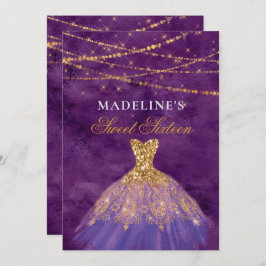 Paarse/gouden glitterjurk Sweet 16 Invitation Kaart