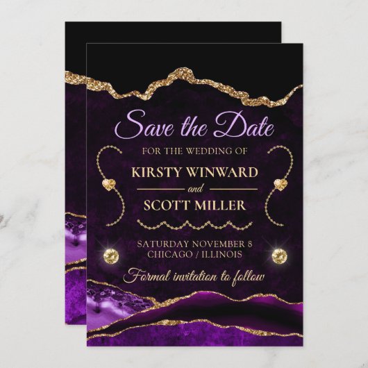 Paarse gouden glitters agaat en marmeren Save the  Kaart (Voorkant / Achterkant)